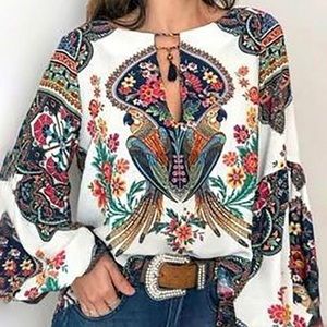 Exotic Print O neck Lantern  Sleeve Blouse
